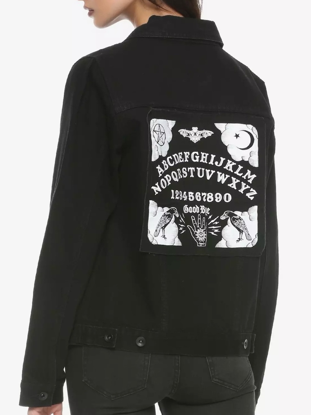 Hot Topic Black Denim Jacket Bad Vibes with Ouija Back Patch